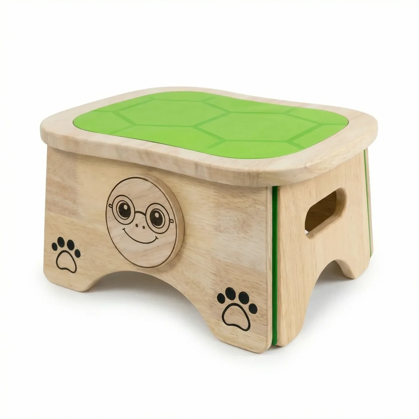 Doe the Turtle, a solid wood step stool with a green shell top, a smiling turtle face in glasses, and paw prints on the side.