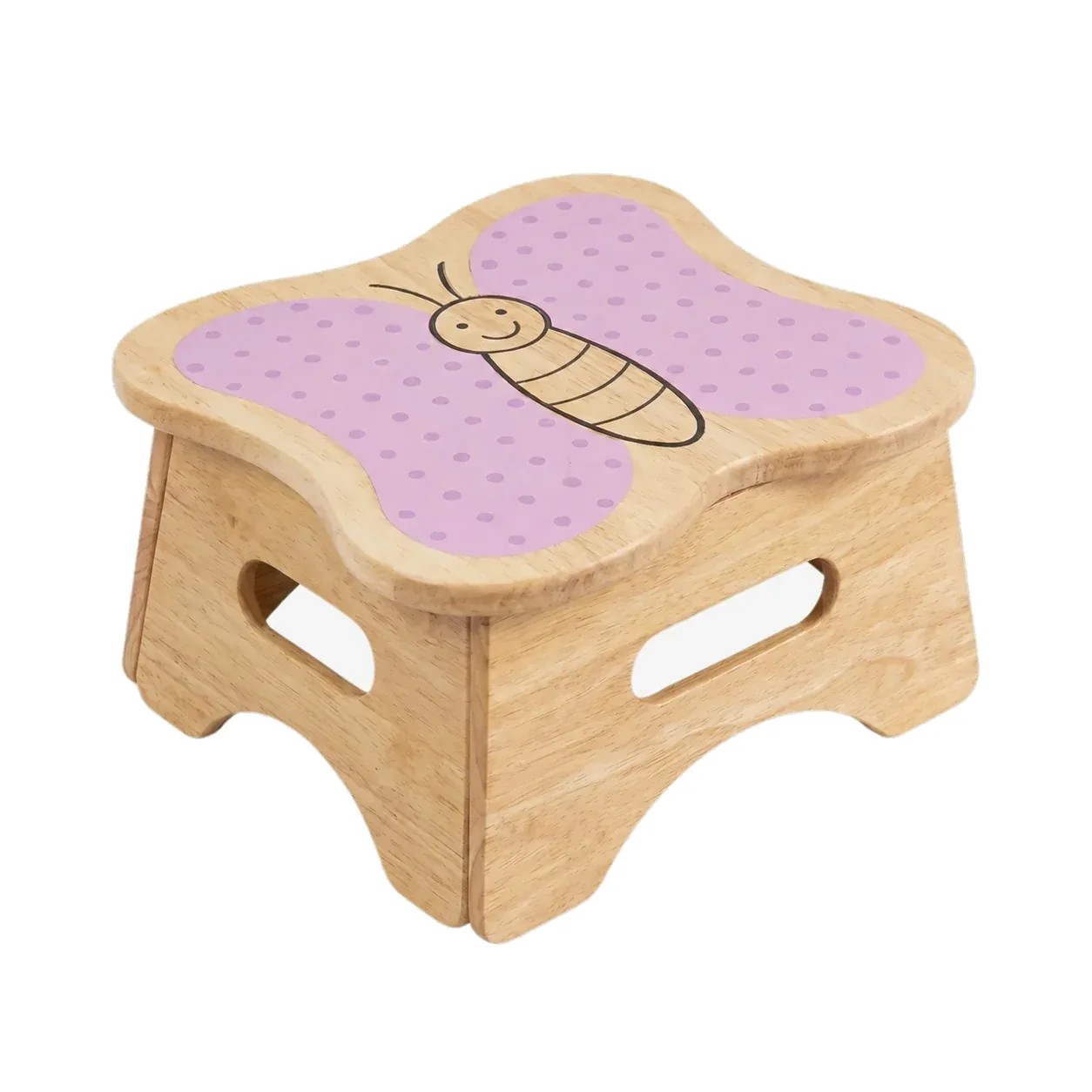 Mei the Butterfly, a solid wood step stool with lilac polka-dot butterfly wings across the top and cut-out handles.