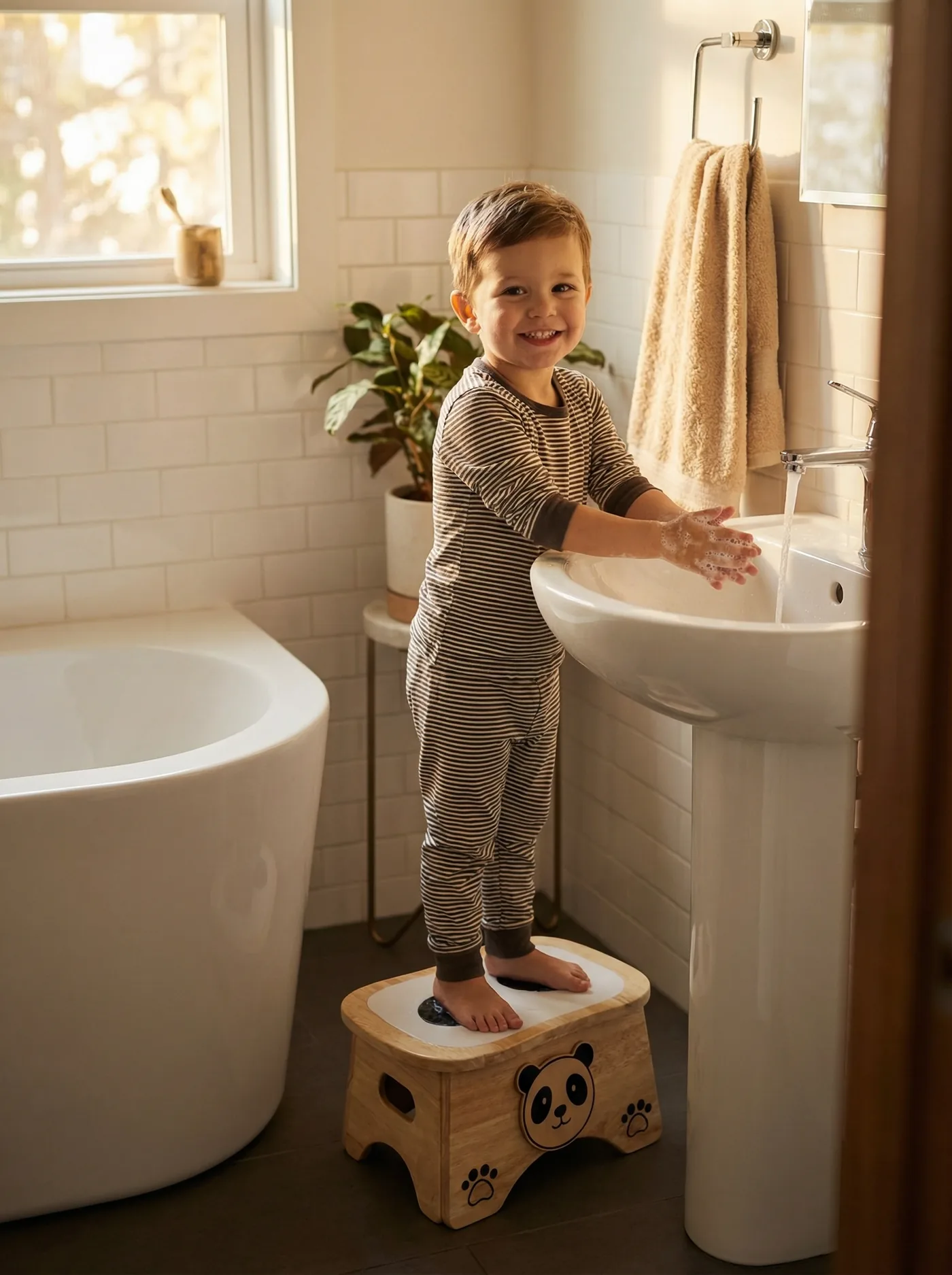 A child in striped pyjamas standing on Ray the Panda to wash their hands at the bathroom sink.